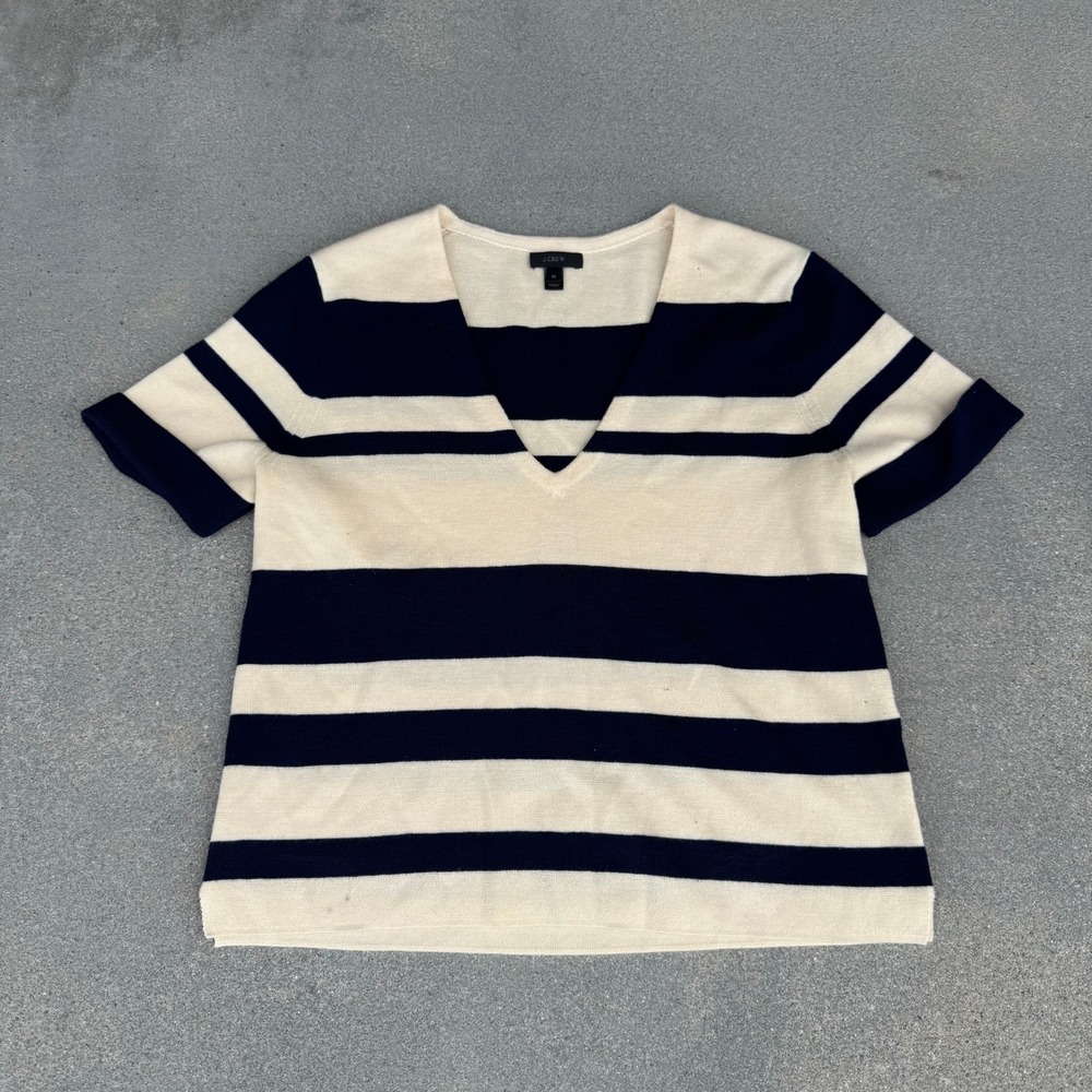 J.Crew Womens Navy Blue Cream Striped V-Neck 100% Merino Wool Sweater Size M